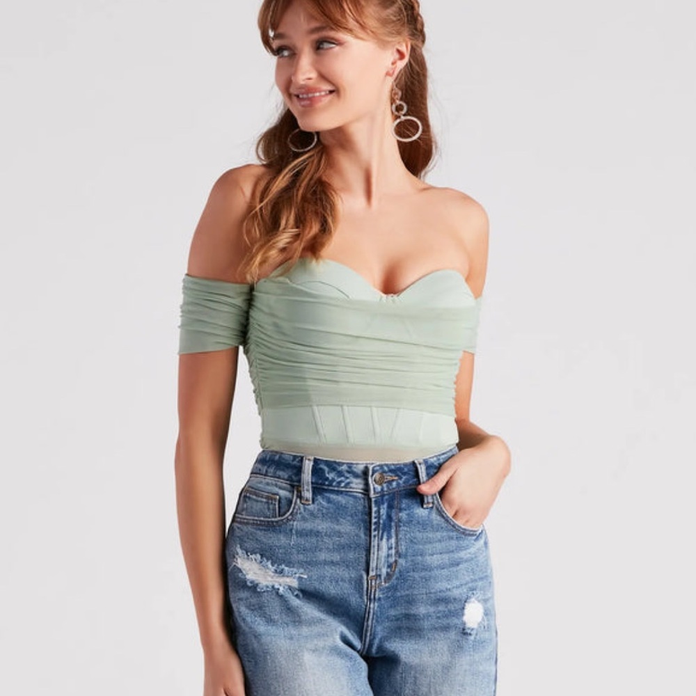 Windsor Sage Green Off Shoulder Mesh Bustier Bodysuit